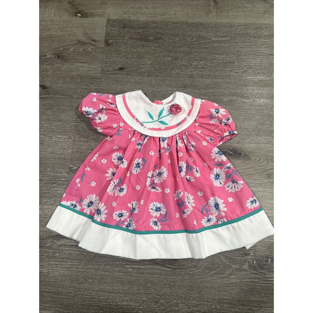 Vintage 80s 90s Lightning Bug Pink Daisy Toddler Dress White Bib Collar 2T GUC